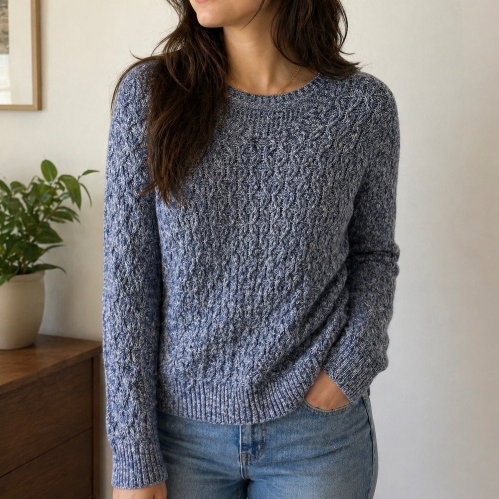 Jeanne Pierre Blue White Marled 100% Cotton Cable Knit Crew Sweater Womens S